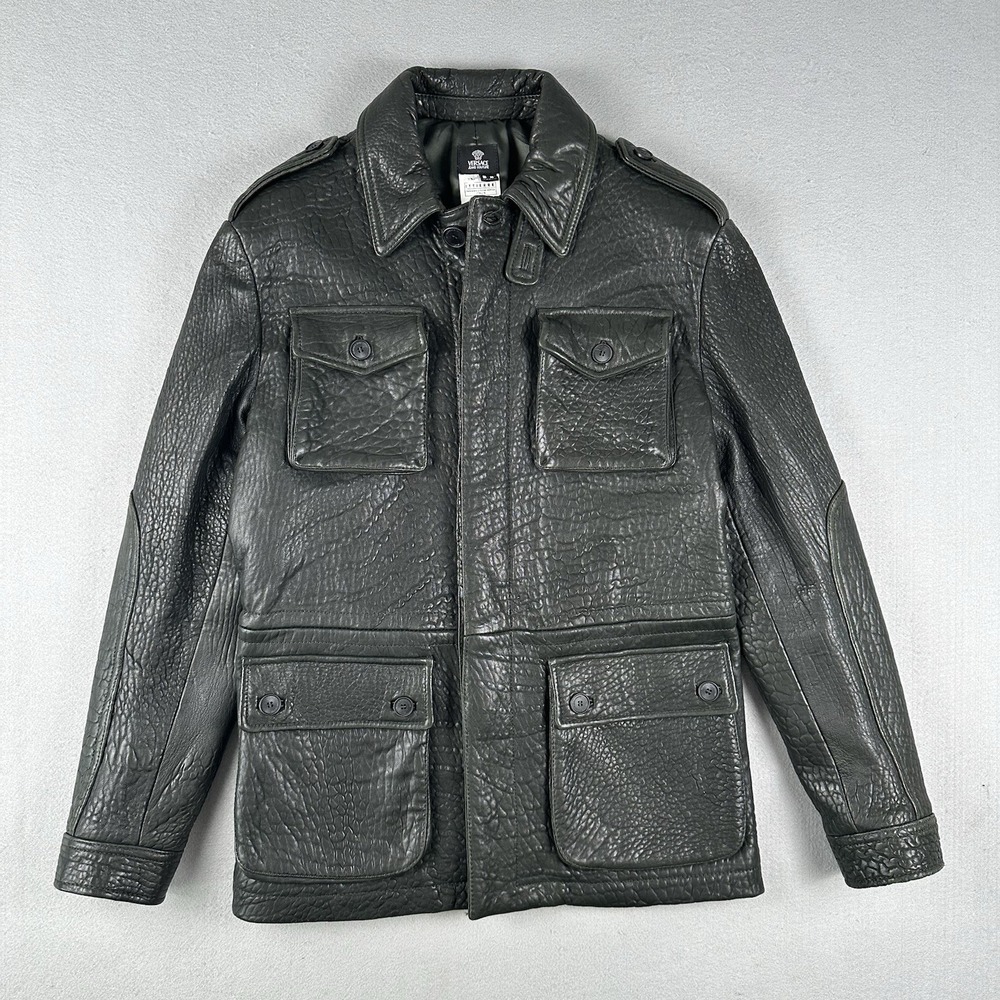 Vtg Y2K Versace Jeans Couture Leather Field Jacket Men's Large Green Pebbled